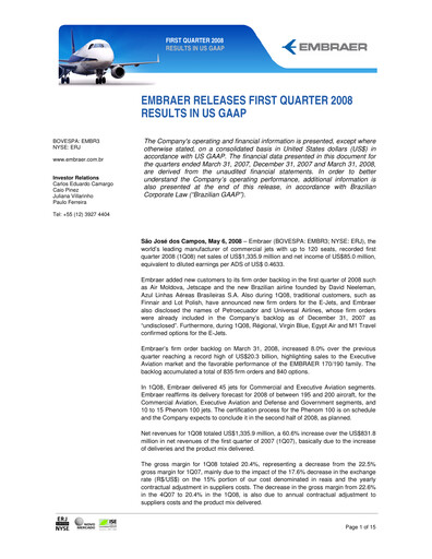 Thumbnail Embraer Quarterly Report 2008-q1