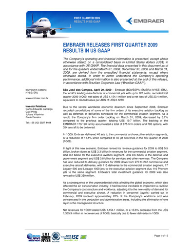 Thumbnail Embraer Quarterly Report 2009-q1