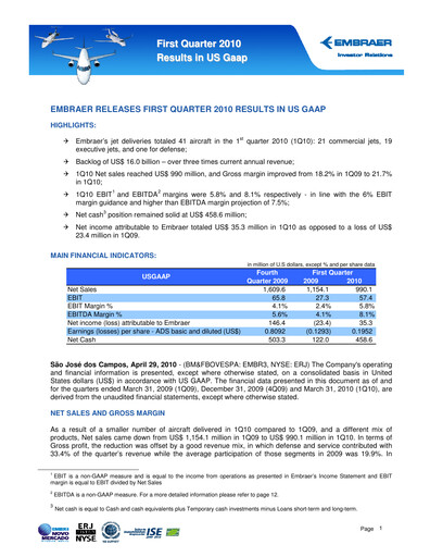 Thumbnail Embraer Quarterly Report 2010-q1