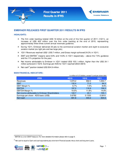 Thumbnail Embraer Quarterly Report 2011-q1