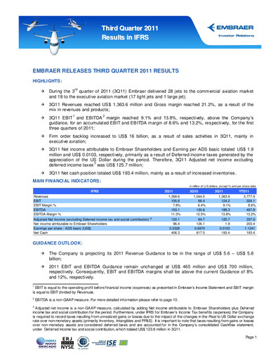 Thumbnail Embraer Quarterly Report 2011-q3