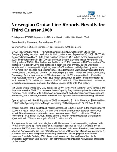 Vorschaubild Norwegian Cruise Line
 Quartalsbericht 2009-q3