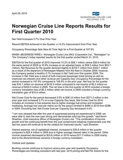 Vorschaubild Norwegian Cruise Line
 Quartalsbericht 2010-q1