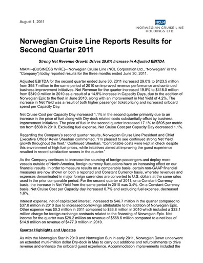Vorschaubild Norwegian Cruise Line
 Quartalsbericht 2011-q2