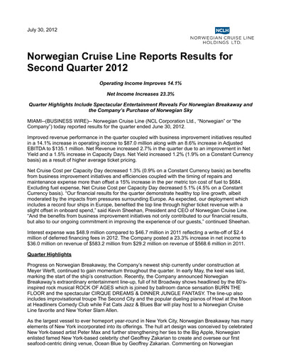 Vorschaubild Norwegian Cruise Line
 Quartalsbericht 2012-q2