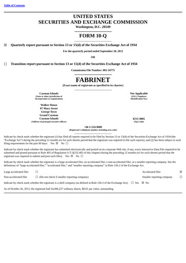 Miniature Fabrinet
 Rapport trimestriel 2012-q3