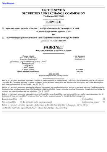 Miniature Fabrinet
 Rapport trimestriel 2015-q3