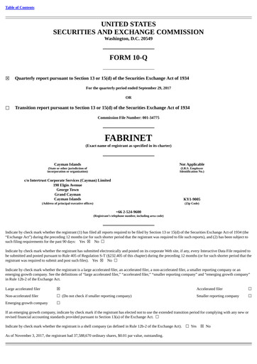 Miniature Fabrinet
 Rapport trimestriel 2017-q3