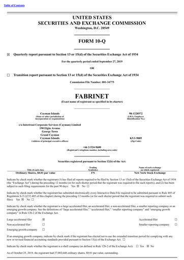 Miniature Fabrinet
 Rapport trimestriel 2019-q3