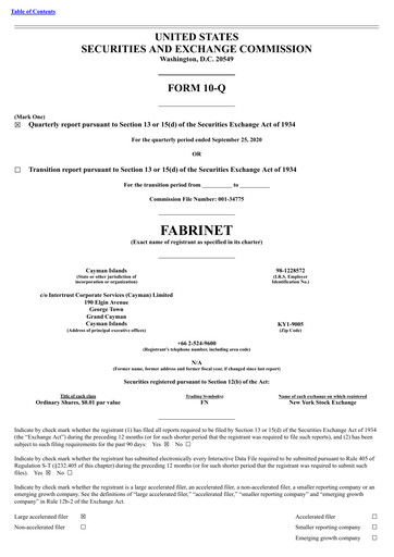 Miniature Fabrinet
 Rapport trimestriel 2020-q3