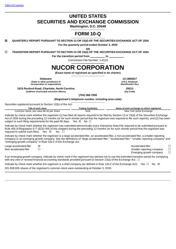 Thumbnail Nucor
 Quarterly Report 2020-q3