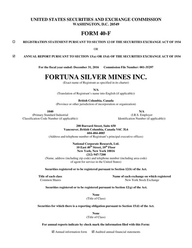 Thumbnail Fortuna Mining Annual Report 2016