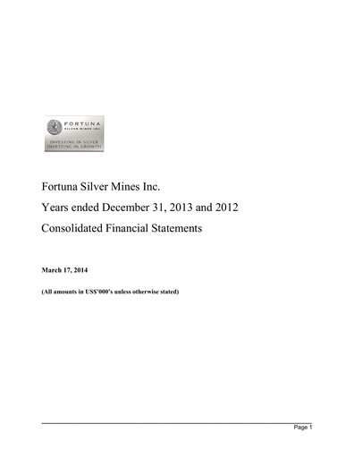 Thumbnail Fortuna Mining Financial Statement 2013