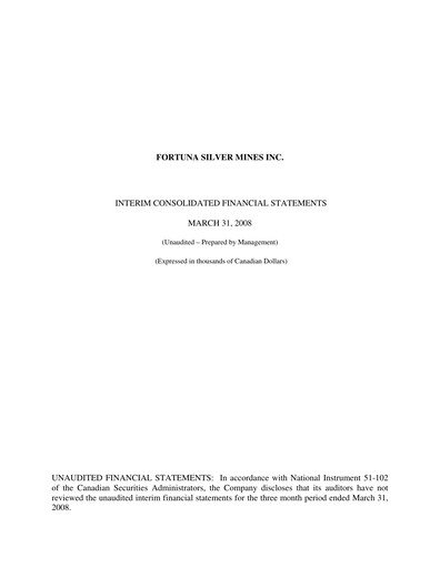 Thumbnail Fortuna Mining Quarterly Report 2008-q1