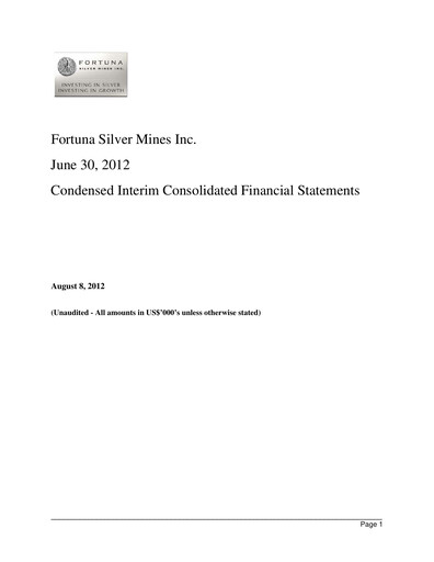 Thumbnail Fortuna Mining Quarterly Report 2012-q2