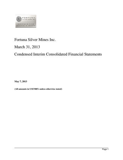 Thumbnail Fortuna Mining Quarterly Report 2013-q1