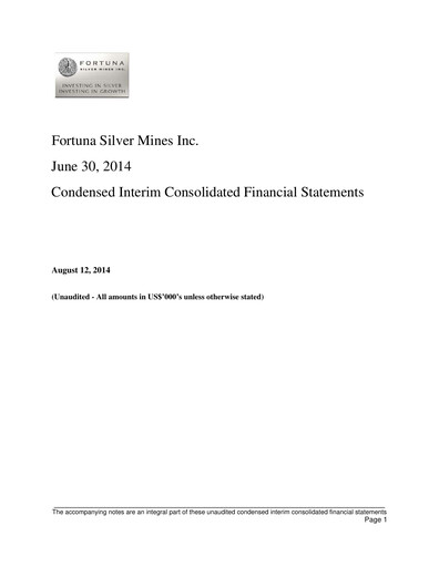 Thumbnail Fortuna Mining Quarterly Report 2014-q2