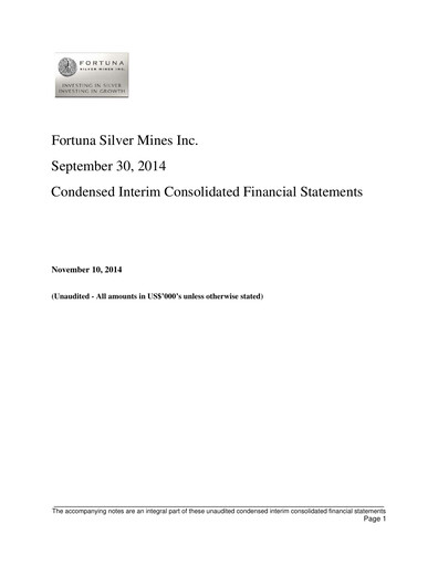 Thumbnail Fortuna Mining Quarterly Report 2014-q3