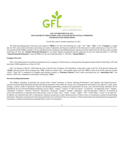 Thumbnail GFL Environmental
 Quarterly Report 2021-q2