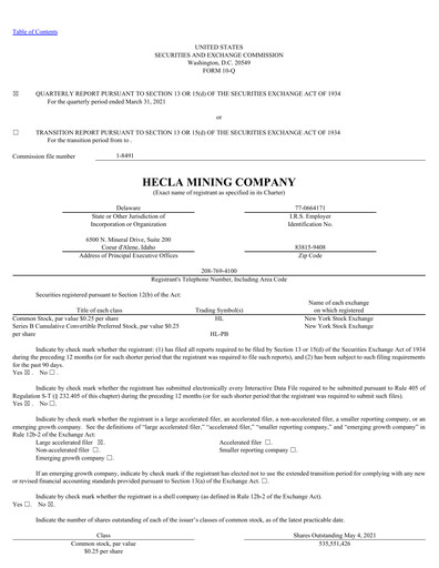 Thumbnail Hecla Mining
 Quarterly Report 2021-q1