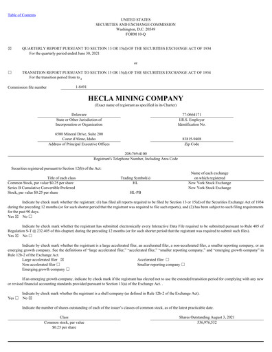 Thumbnail Hecla Mining
 Quarterly Report 2021-q2