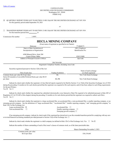 Thumbnail Hecla Mining
 Quarterly Report 2021-q3