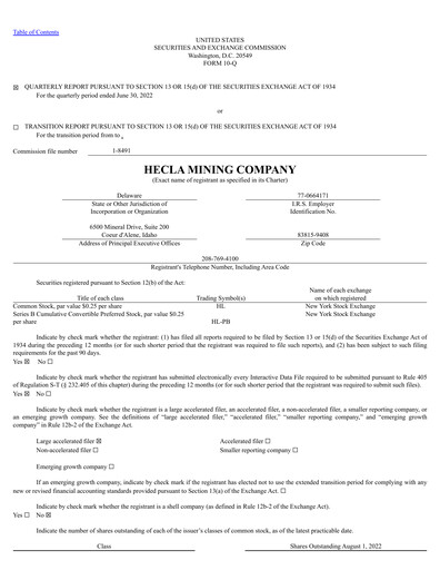 Thumbnail Hecla Mining
 Quarterly Report 2022-q2