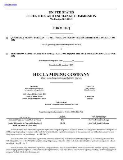 Thumbnail Hecla Mining
 Quarterly Report 2022-q3