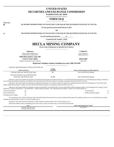 Thumbnail Hecla Mining
 Quarterly Report 2023-q1