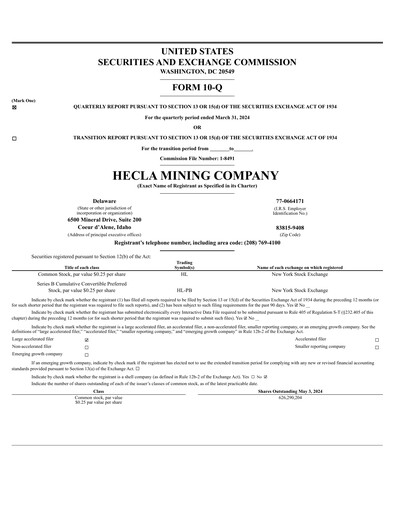 Thumbnail Hecla Mining
 Quarterly Report 2024-q1