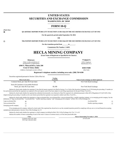 Thumbnail Hecla Mining
 Quarterly Report 2024-q3