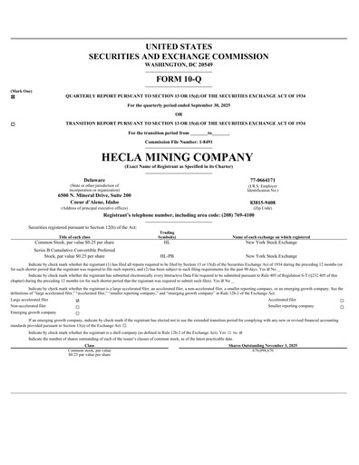 Thumbnail Hecla Mining
 Quarterly Report 2025-q3