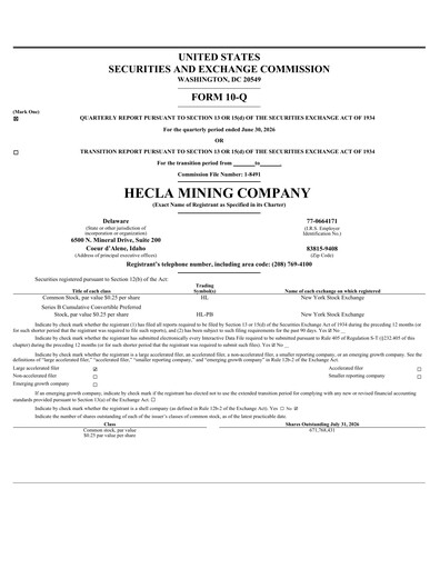 Miniature Hecla Mining
 Rapport trimestriel 2026-q2