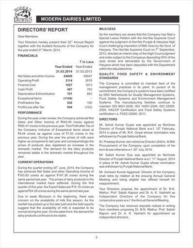 Vorschaubild Modern Dairies Limited Jahresbericht 2013-2014