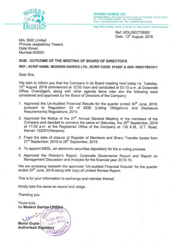 Thumbnail Modern Dairies Limited Quarterly Report 2019-q2