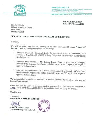 Thumbnail Modern Dairies Limited Quarterly Report 2019-q4