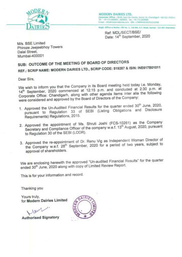 Thumbnail Modern Dairies Limited Quarterly Report 2020-q2