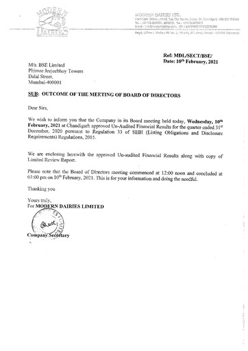 Thumbnail Modern Dairies Limited Quarterly Report 2020-q4