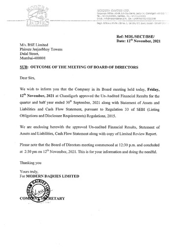 Thumbnail Modern Dairies Limited Quarterly Report 2021-q3