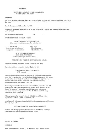 Thumbnail Old Dominion Freight Line
 Annual Report 1999