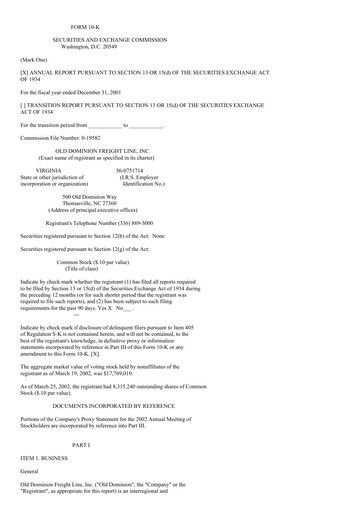 Thumbnail Old Dominion Freight Line
 Annual Report 2001