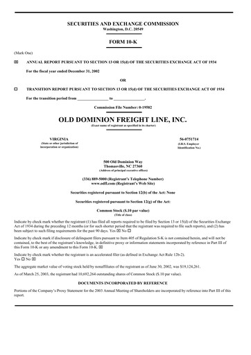 Thumbnail Old Dominion Freight Line
 Annual Report 2002