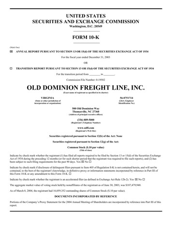 Thumbnail Old Dominion Freight Line
 Annual Report 2003