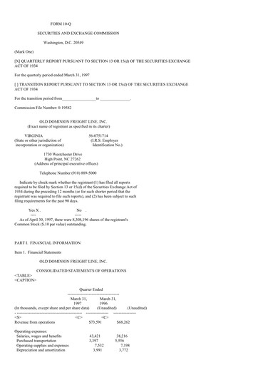 Thumbnail Old Dominion Freight Line
 Quarterly Report 1997-q1