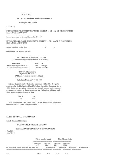 Thumbnail Old Dominion Freight Line
 Quarterly Report 1997-q3