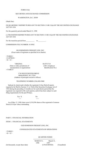 Thumbnail Old Dominion Freight Line
 Quarterly Report 1998-q1