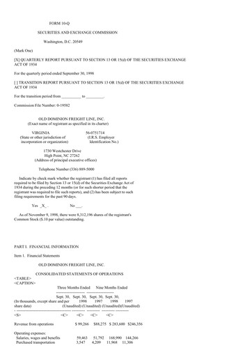 Thumbnail Old Dominion Freight Line
 Quarterly Report 1998-q3