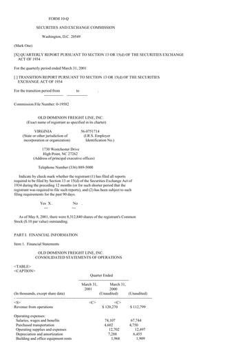 Thumbnail Old Dominion Freight Line
 Quarterly Report 2001-q1
