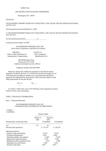 Thumbnail Old Dominion Freight Line
 Quarterly Report 2002-q1