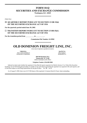 Thumbnail Old Dominion Freight Line
 Quarterly Report 2002-q2